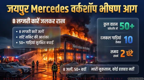 सांगानेर सदर क्षेत्र में मर्सिडीज वर्कशॉप में भीषण आग; 8 लग्जरी कारें और पार्ट्स जलकर राख : Jaipur Fire Incident Alert 2026