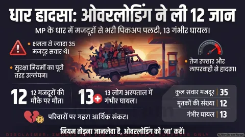 मध्य प्रदेश: धार में पिकअप पलटने से बड़ा हादसा, 12 मजदूरों की मौत, 13 गंभीर घायल