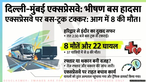 दिल्ली-मुंबई एक्सप्रेसवे पर बस-ट्रक की टक्कर के बाद आग, दौसा में आठ यात्रियों की मौत