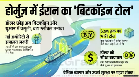 होर्मुज़ जलडमरूमध्य पर ईरान का नया दांव: जहाज़ों से बिटकॉइन और युआन में टोल वसूली ने बढ़ाई दुनिया की चिंता