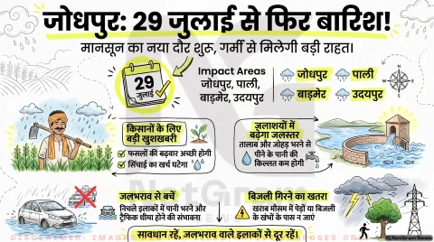 Jodhpur Weather Alert: 29 जुलाई से जोधपुर में बारिश का नया दौर; तुरंत पढ़ें IMD का ताजा अलर्ट और जलभराव की चेतावनी
