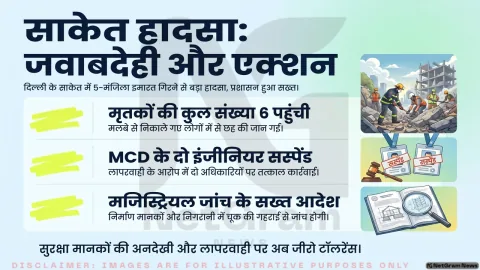 साकेत बिल्डिंग हादसा: मृतकों की संख्या छह हुई, एमसीडी ने दो इंजीनियरों को किया निलंबित