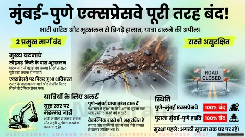 महाराष्ट्र में भारी बारिश का कहर: भूस्खलन के बाद पुणे-मुंबई एक्सप्रेसवे और पुराना हाईवे बंद, लोगों से यात्रा टालने की अपील