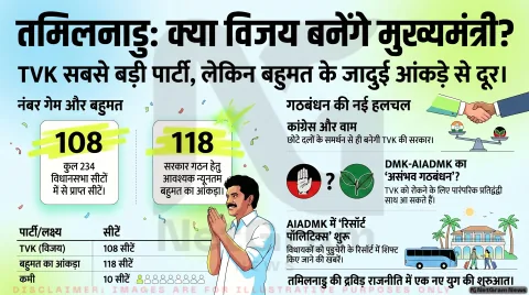 तमिलनाडु में सियासी घमासान: बहुमत से दूर TVK, DMK–AIADMK गठबंधन की चर्चाओं ने बढ़ाया सस्पेंस