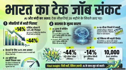 H-1B सख्ती, AI ऑटोमेशन और वैश्विक मंदी का असर: भारत में टेक नौकरियों की मांग 28 महीने के सबसे निचले स्तर पर