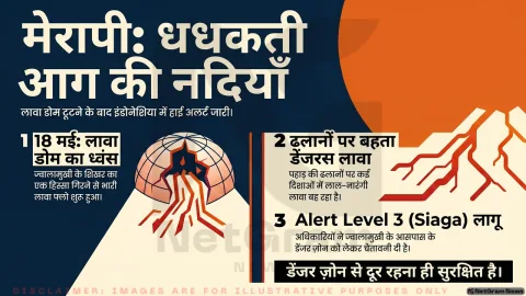 इंडोनेशिया के मेरापी ज्वालामुखी से निकलीं “आग की नदियाँ”, Lava Dome Collapse के बाद हाई अलर्ट जारी